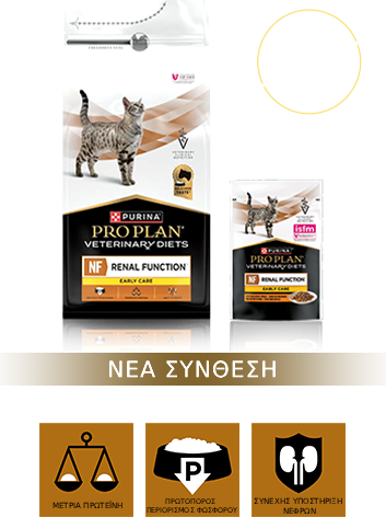 Συσκευασία της Purina Pro Plan Veterinary Diets NF Renal Function Early Care, με ξηρές και υγρές τροφές για τα στάδια IRIS 1 και 2.
